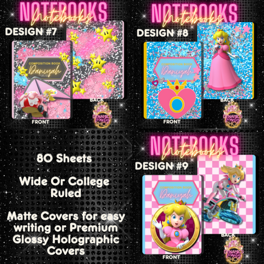 Design #7, 8, and 9 Composition Notebook | Note Taking | Princess Peach