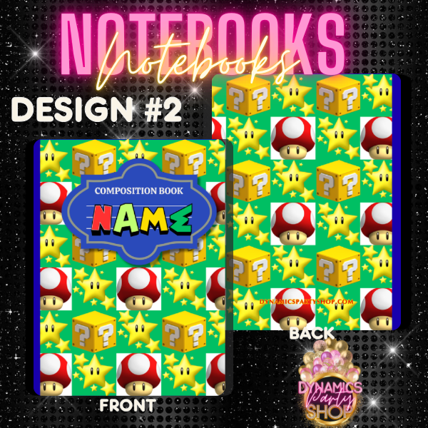 Design #1, 2 and 3 Composition Notebook | Note Taking | Mario | Princess Peach | Luigi