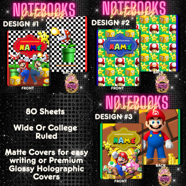 Design #1, 2 and 3 Composition Notebook | Note Taking | Mario | Princess Peach | Luigi