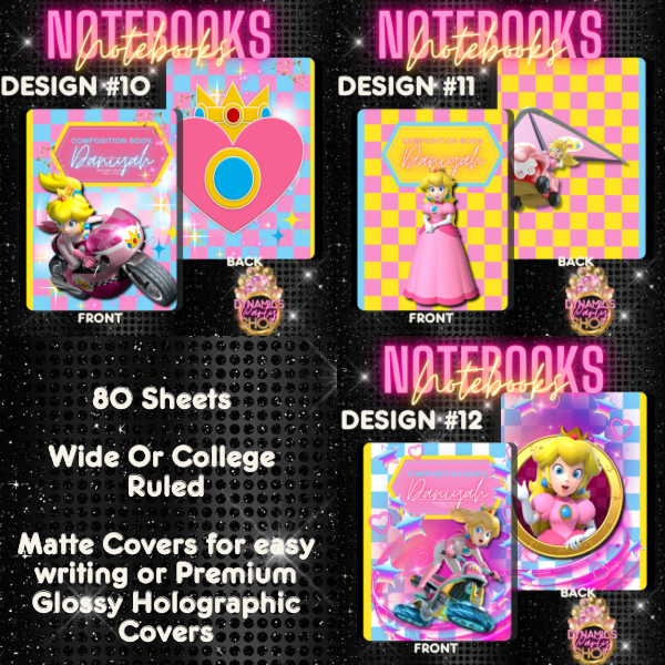 Design # 10, 11 and 12 Composition Notebook | Note Taking | Princess Peach