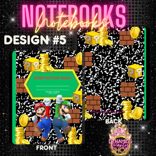Design # 4, 5 and 6 Composition Notebook | Note Taking | Mario | Mushroom | Luigi