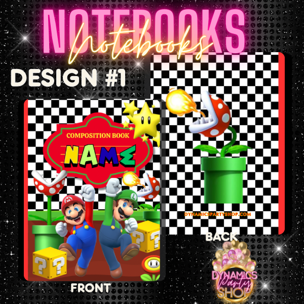 Design #1, 2 and 3 Composition Notebook | Note Taking | Mario | Princess Peach | Luigi