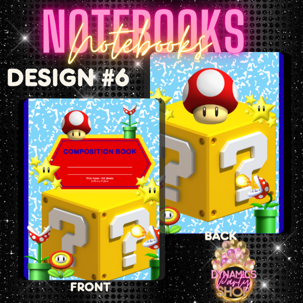 Design # 4, 5 and 6 Composition Notebook | Note Taking | Mario | Mushroom | Luigi