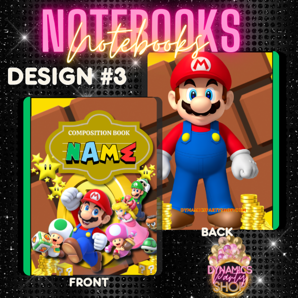 Design #1, 2 and 3 Composition Notebook | Note Taking | Mario | Princess Peach | Luigi