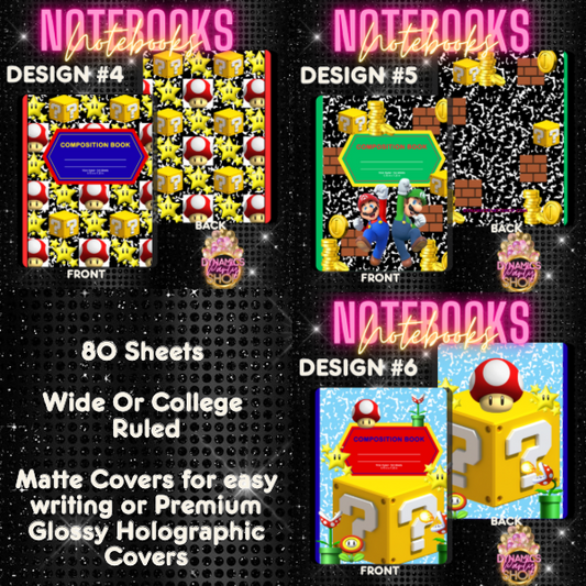 Design # 4, 5 and 6 Composition Notebook | Note Taking | Mario | Mushroom | Luigi
