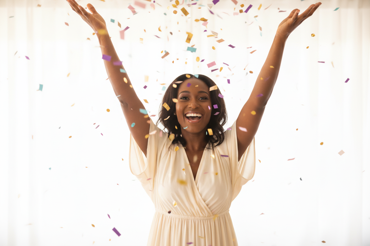 beautiful black woman, happy and throwing confetti